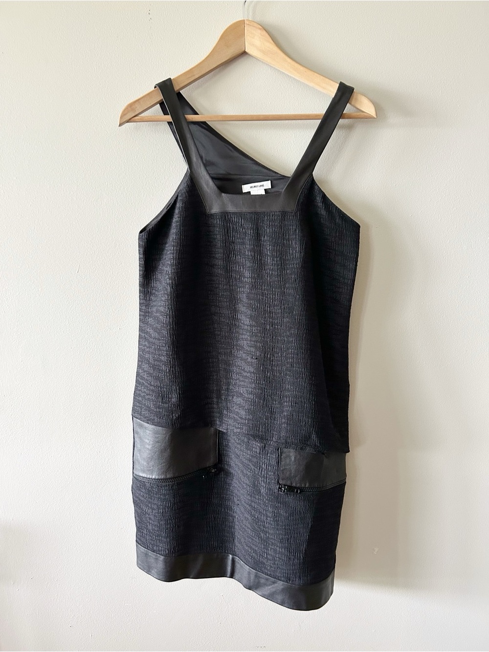 Helmut Lang • Black Sleeveless Shift Dress with Leather Trim